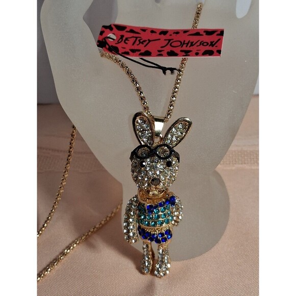 Betsey Johnson Bunny on a Chain, Silver and Blue, Moveable Lamb's - Picture 6 of 8